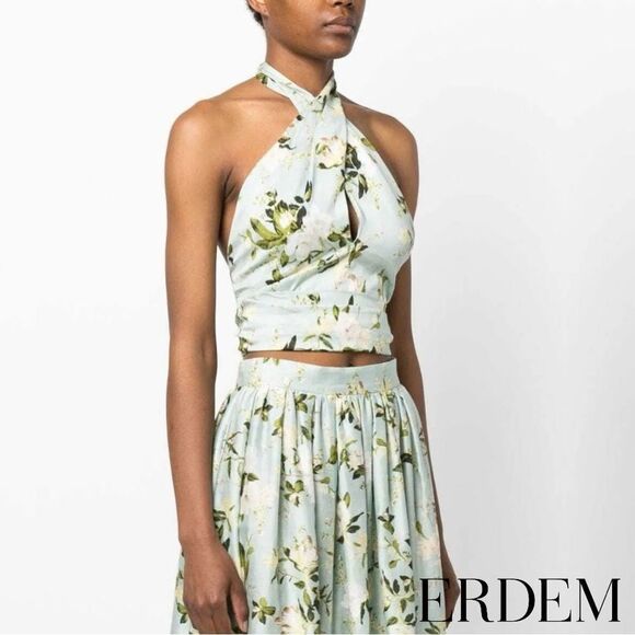 Erdem **NWT** Luna Poplin Cotton Halter Crop Top In Magnolia Garden Mint Green - Picture 11 of 16